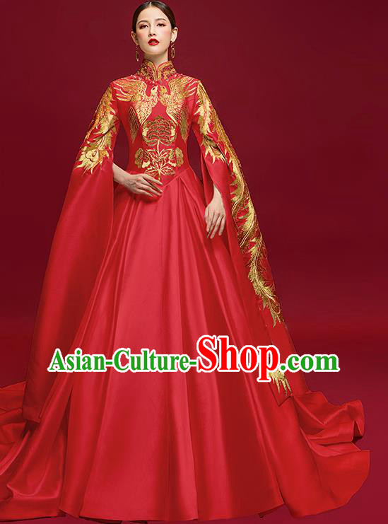 China Stage Show Wedding Clothing Catwalks Full Dress Embroidered Phoenix Garment Compere Water Sleeve Dress