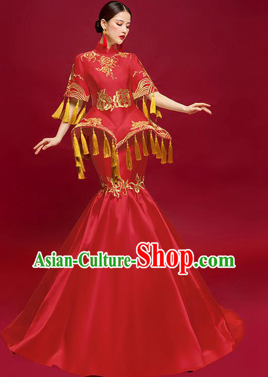 China Bride Embroidered Wedding Garment Compere Dress Stage Show Clothing Catwalks Fishtail Full Dress