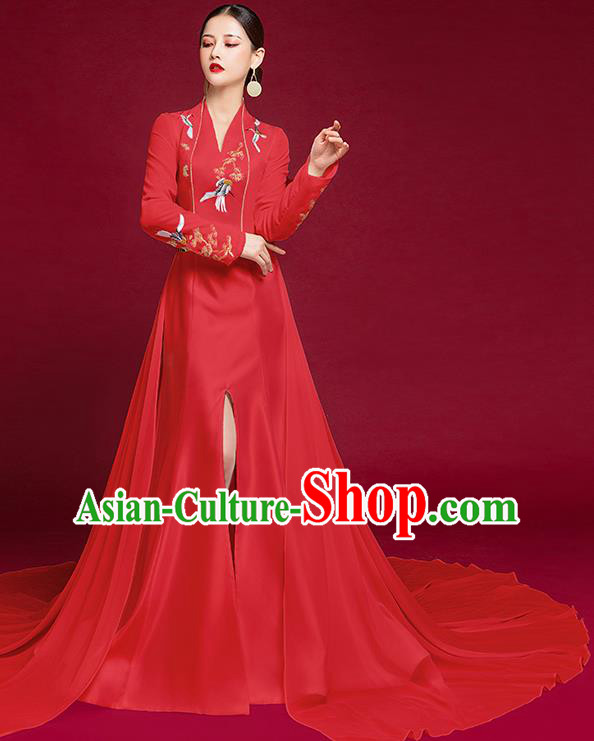 China Stage Show Clothing Trailing Full Dress Catwalks Embroidered Garment Compere Red Dress