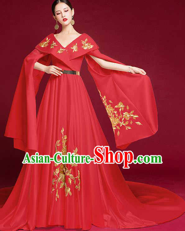 China Compere Red Dress Stage Show Clothing Bride Trailing Full Dress Catwalks Embroidered Garment