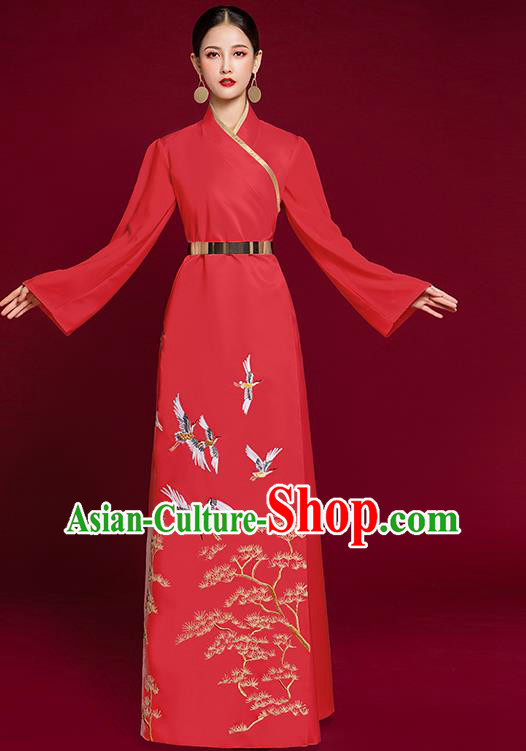 China Catwalks Embroidered Garment Compere Red Dress Stage Show Clothing Bride Slim Full Dress