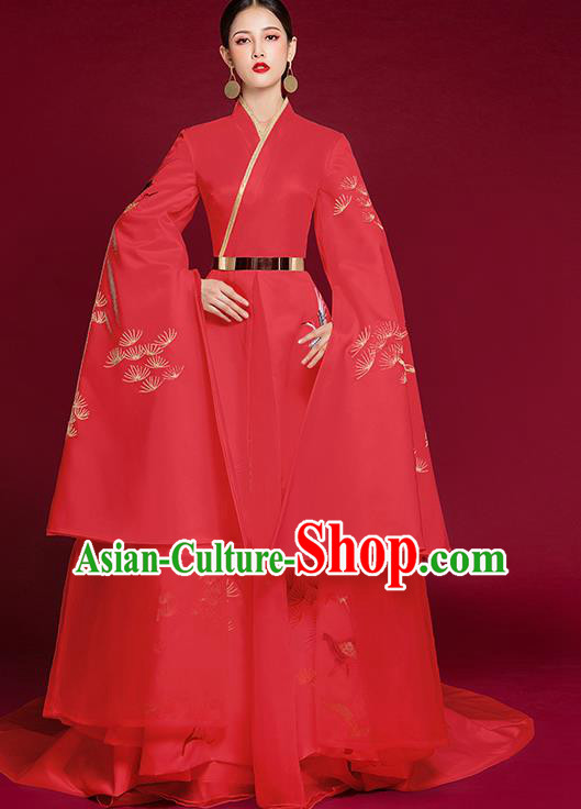 China Bride Mandarin Sleeve Full Dress Catwalks Embroidered Garment Compere Red Dress Stage Show Clothing