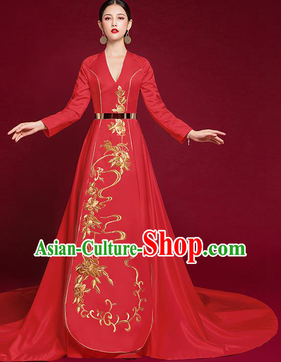 China Stage Show Wedding Clothing Bride Full Dress Catwalks Embroidered Garment Compere Red Trailing Dress