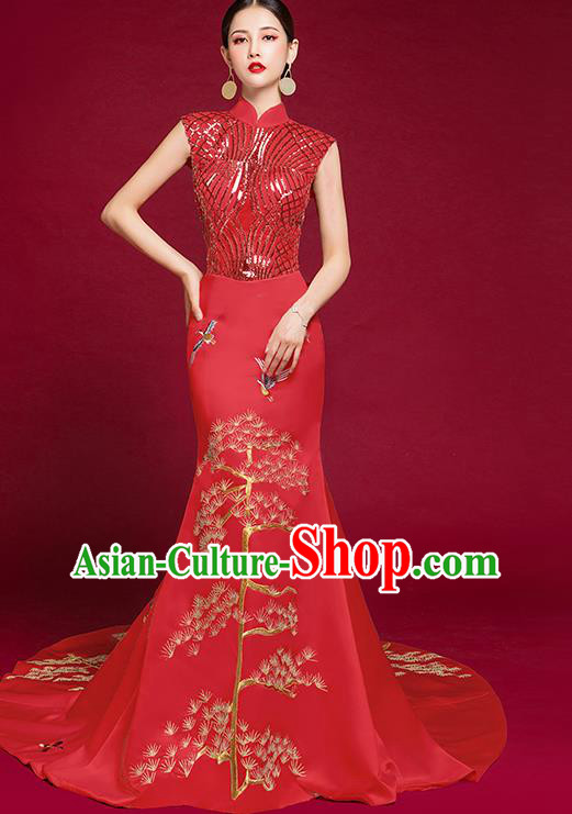 China Catwalks Embroidered Sequins Garment Compere Red Cheongsam Dress Stage Show Wedding Clothing Bride Trailing Full Dress