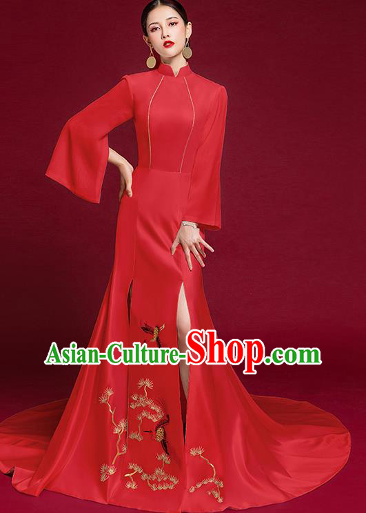 China Compere Red Cheongsam Dress Stage Show Wedding Clothing Bride Trailing Full Dress Catwalks Embroidered Garment