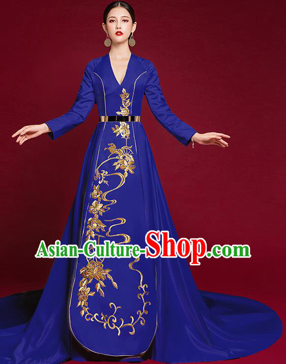 China Catwalks Trailing Dress Garment Compere Royalblue Full Dress Stage Show Embroidered Clothing