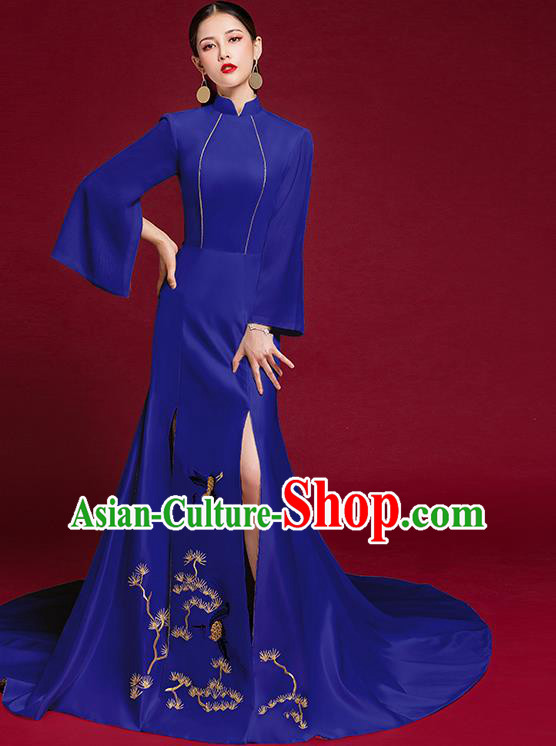 China Stage Show Embroidered Cheongsam Clothing Catwalks Trailing Full Dress Garment Compere Royalblue Qipao Dress