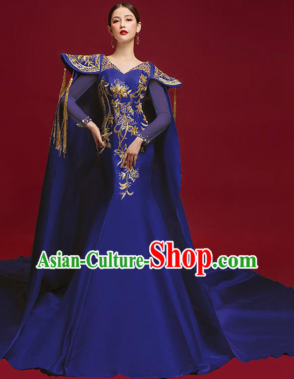 China Catwalks Clothing Compere Embroidered Royalblue Dress Garment Stage Show Trailing Cape Full Dress
