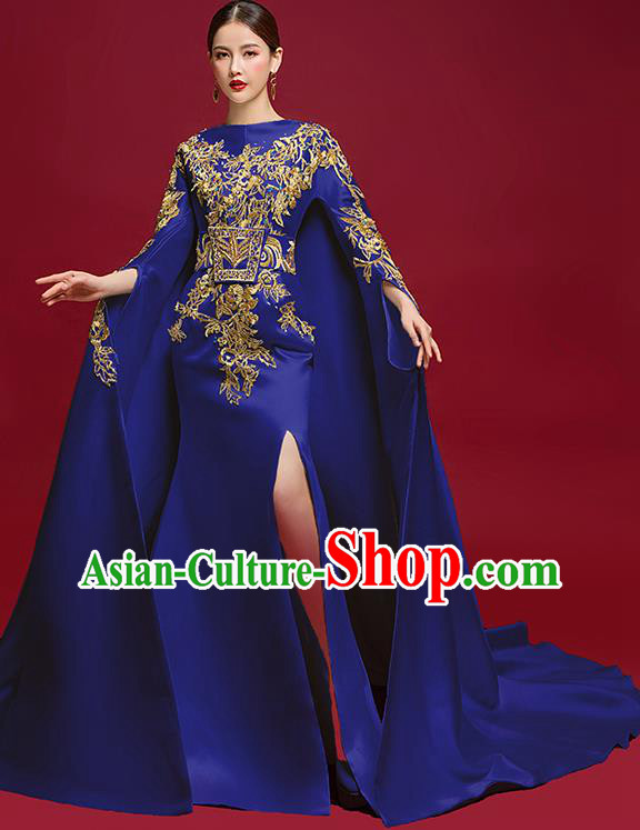 China Catwalks Wide Sleeve Clothing Compere Embroidered Royalblue Dress Garment Stage Show Trailing Full Dress