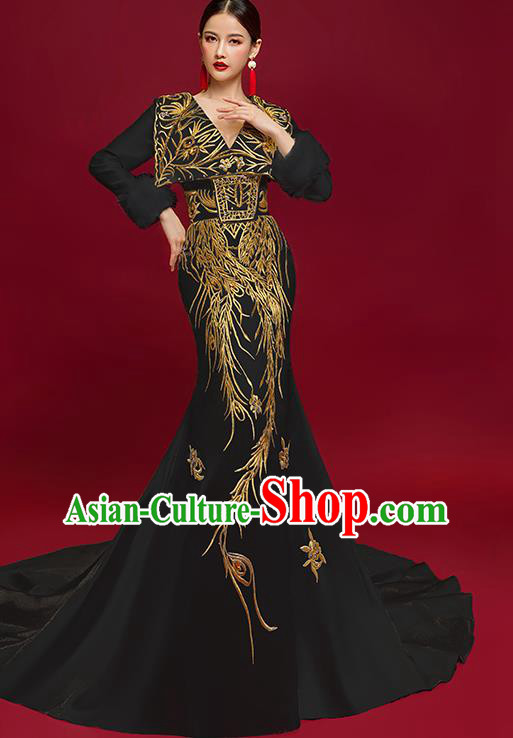 China Stage Show Trailing Full Dress Catwalks Fashion Clothing Compere Embroidered Black Dress Garment