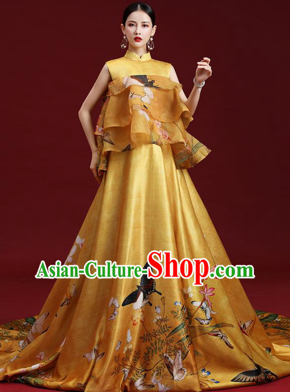 China Compere Printing Yellow Trailing Dress Garment Stage Show Full Dress Catwalks Fashion Cheongsam Clothing