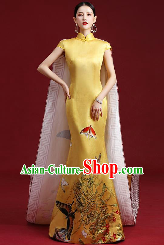 China Catwalks Fashion Long Cape Trailing Cheongsam Clothing Compere Dress Garment Stage Show Full Dress