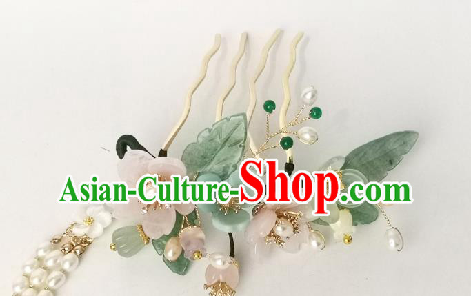 Chinese Ancient Princess Pearls Tassel Hairpin Traditional Ming Dynasty Pink Sakura Hair Comb