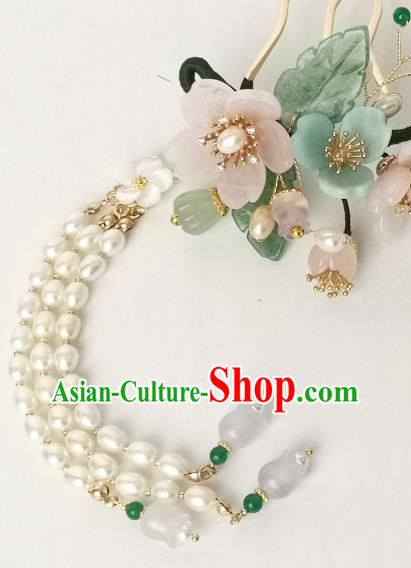 Chinese Ancient Princess Pearls Tassel Hairpin Traditional Ming Dynasty Pink Sakura Hair Comb