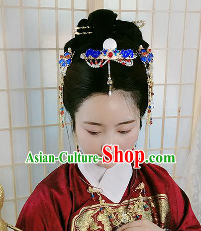 Chinese Ancient Noble Woman Blueing Hairpin Traditional Ming Dynasty Tassel Hair Crown Complete Set