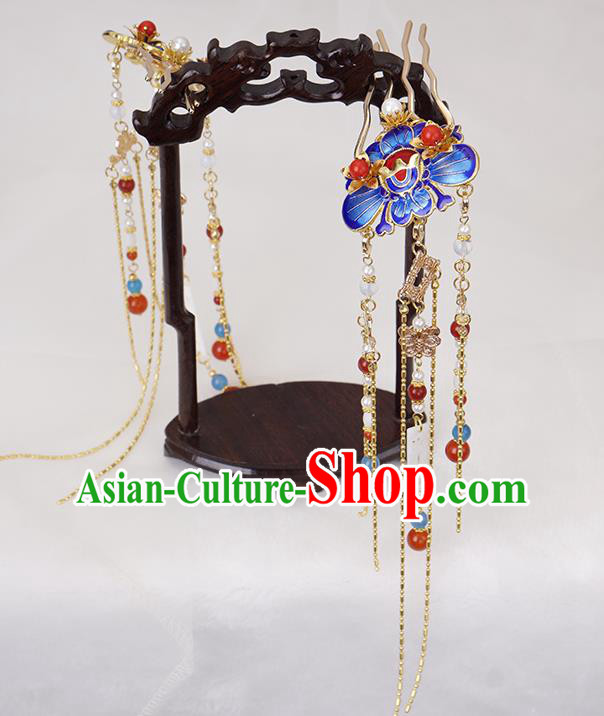 Chinese Ancient Noble Lady Blueing Peony Hairpin Traditional Ming Dynasty Golden Tassel Hair Comb