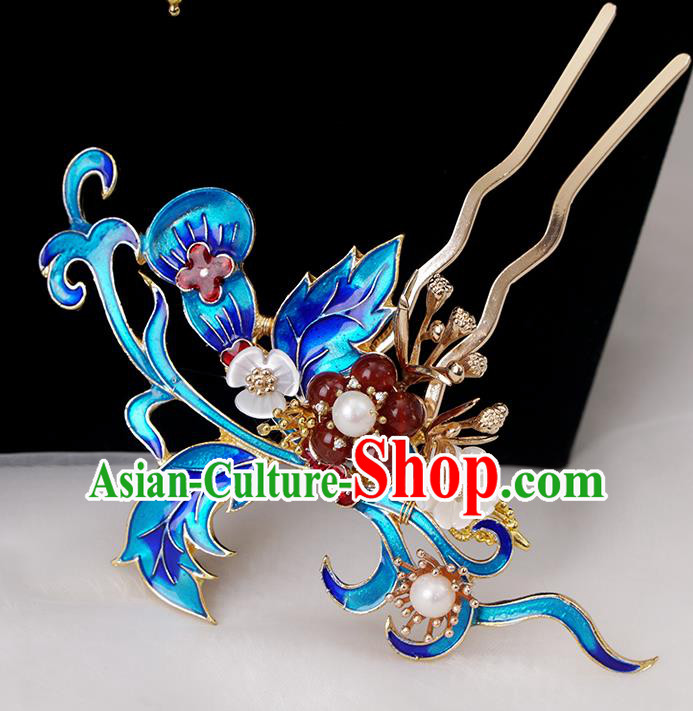 Chinese Ancient Princess Blueing Hairpin Traditional Ming Dynasty Shell Flower Hair Stick