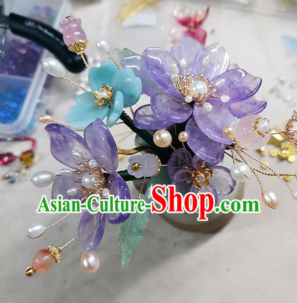 Chinese Ancient Palace Lady Pearls Hairpin Traditional Ming Dynasty Amethyst Flowers Hair Stick
