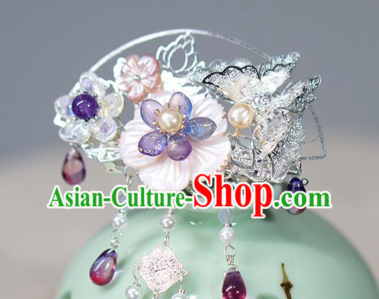 Chinese Ancient Swordswoman Argent Hairpin Traditional Ming Dynasty Shell Flower Hair Crown