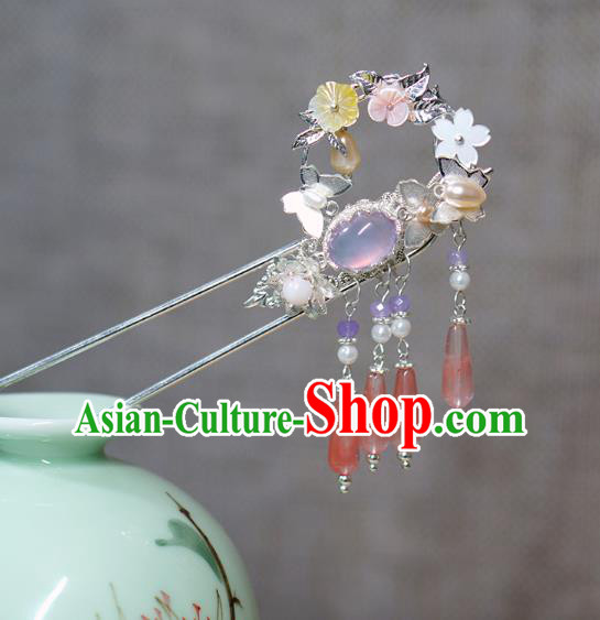 Chinese Ancient Young Lady Argent Hairpin Traditional Ming Dynasty Rose Quartz Hair Stick