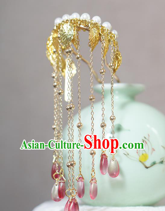 Chinese Ancient Palace Lady Hairpin Traditional Tang Dynasty Golden Leaf Tassel Hair Stick