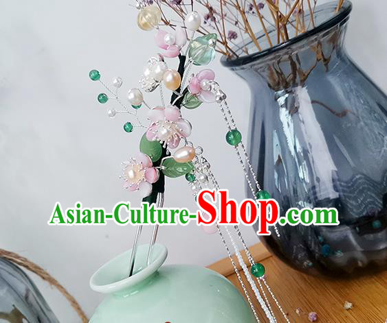 Chinese Ancient Palace Lady Tassel Hairpin Traditional Ming Dynasty Pink Plum Blossom Hair Stick