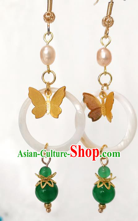 Chinese Ancient Princess Golden Butterfly Ear Accessories Traditional Ming Dynasty Jade Ring Earrings