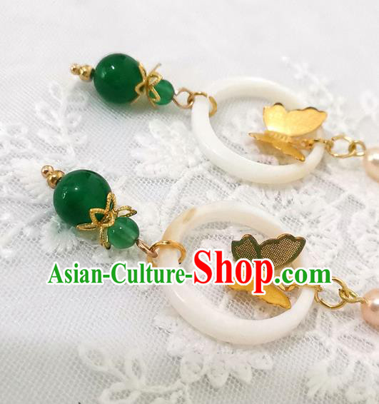 Chinese Ancient Princess Golden Butterfly Ear Accessories Traditional Ming Dynasty Jade Ring Earrings