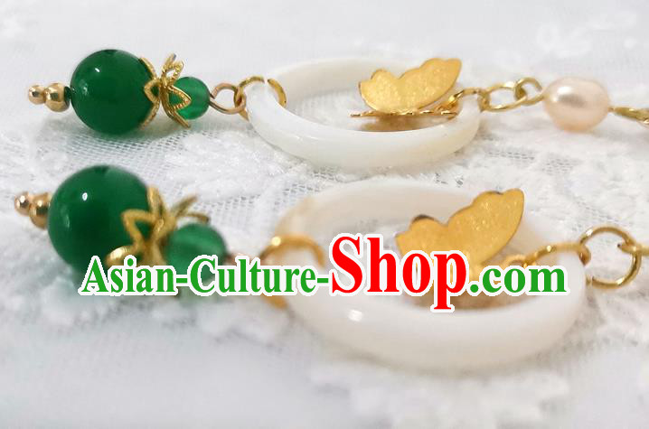 Chinese Ancient Princess Golden Butterfly Ear Accessories Traditional Ming Dynasty Jade Ring Earrings