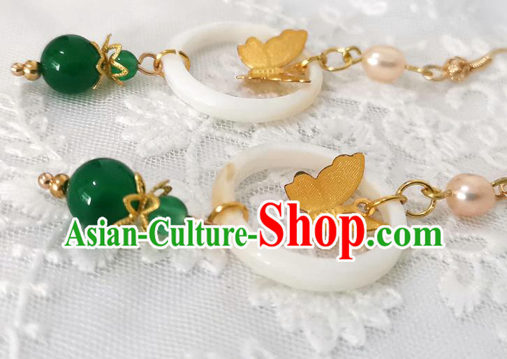 Chinese Ancient Princess Golden Butterfly Ear Accessories Traditional Ming Dynasty Jade Ring Earrings