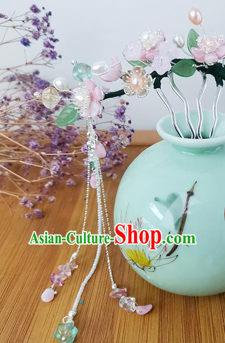 Chinese Ancient Palace Lady Pink Plum Blossom Hairpin Traditional Ming Dynasty Pearls Tassel Hair Comb