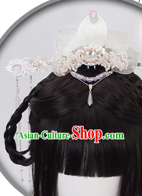Chinese Ancient Princess Argent Hair Accessories Traditional Ming Dynasty Hair Crown and Tassel Hairpins Full Set