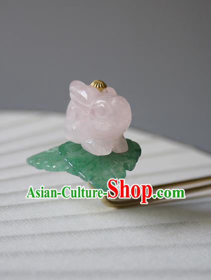 Chinese Ancient Princess Hairpin Hair Accessories Traditional Ming Dynasty Rose Quartz Rabbit Hair Stick