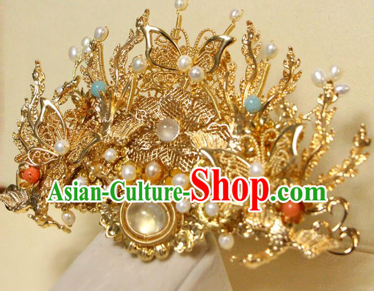 China Ancient Noble Woman Phoenix Coronet Traditional Wedding Hair Accessories Ming Dynasty Golden Hair Crown