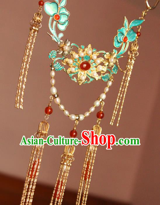Chinese Traditional Wedding Golden Tassel Necklace Ancient Ming Dynasty Noble Lady Pearls Necklet