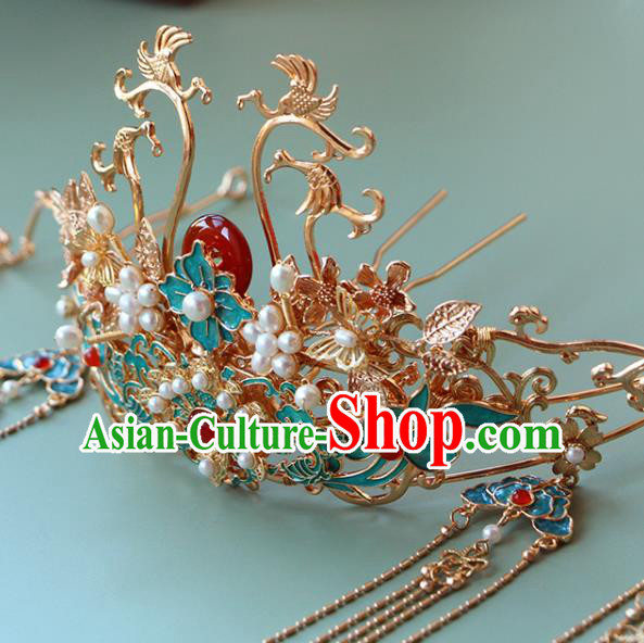 China Ancient Bride Blueing Phoenix Coronet Traditional Wedding Hair Accessories Ming Dynasty Tassel Agate Hair Crown