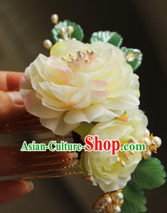 China Ancient Court Lady Hairpin Traditional Hanfu Hair Accessories Tang Dynasty Yellow Silk Peony Hair Comb