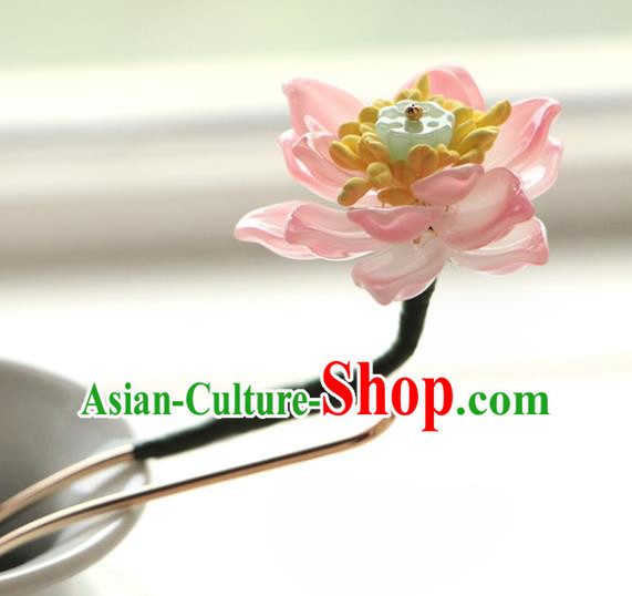 China Ancient Royal Princess Hairpin Traditional Hanfu Hair Accessories Song Dynasty Pink Lotus Hair Stick
