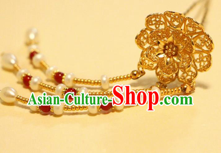 China Ancient Court Woman Golden Peony Hairpin Traditional Hanfu Hair Accessories Tang Dynasty Pearls Tassel Hair Stick