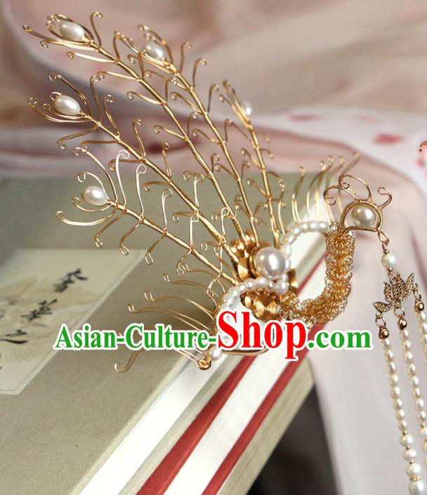 China Ancient Empress Golden Phoenix Hairpin Traditional Hanfu Hair Accessories Ming Dynasty Pearls Tassel Hair Stick