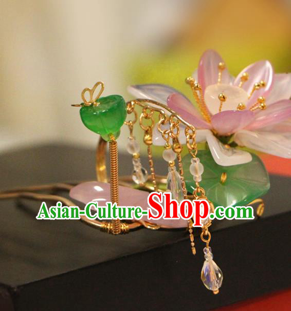 China Ancient Princess Hairpin Traditional Hanfu Hair Accessories Song Dynasty Jade Lotus Hair Stick