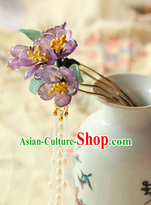 China Ancient Princess Amethyst Peach Blossom Hairpin Traditional Hanfu Hair Accessories Song Dynasty Pearls Tassel Hair Comb