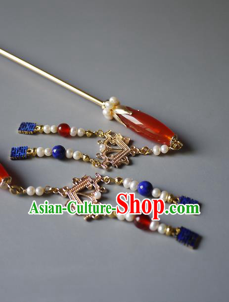Chinese Ancient Court Woman Agate Hairpin Hair Accessories Traditional Ming Dynasty Empress Pearls Tassel Hair Stick