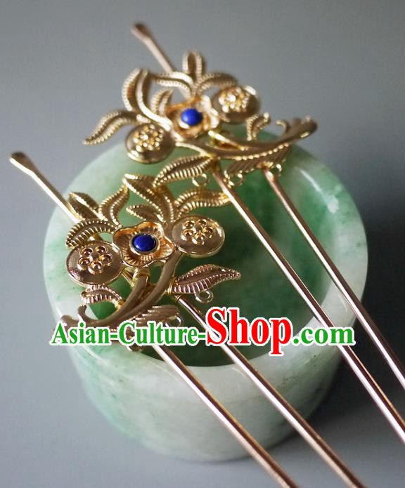 Chinese Ancient Noble Lady Lapis Hairpin Hair Accessories Traditional Song Dynasty Princess Golden Hair Stick