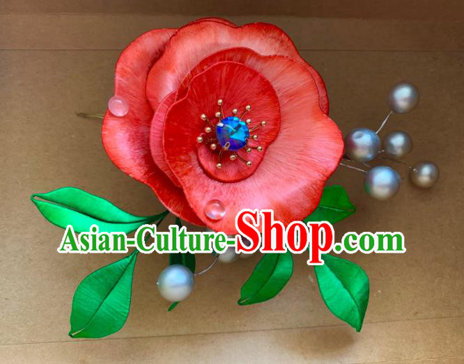 China Ancient Court Lady Hairpin Traditional Hanfu Hair Accessories Tang Dynasty Princess Red Camellia Hair Stick