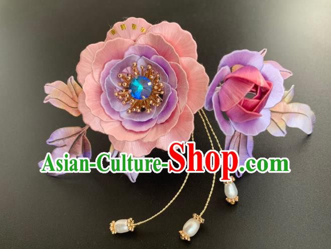 China Ancient Imperial Concubine Hairpin Traditional Hanfu Hair Accessories Ming Dynasty Pink Silk Peony Hair Comb