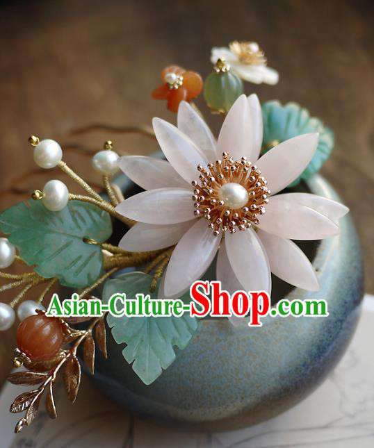 Chinese Ancient Empress Rose Quartz Chrysanthemum Hairpin Hair Accessories Traditional Qing Dynasty Imperial Concubine Hair Comb