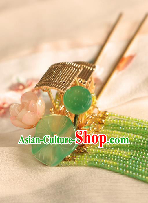 China Ancient Princess Green Beads Tassel Lotus Hairpin Traditional Hanfu Hair Accessories Song Dynasty Golden Boat Hair Stick