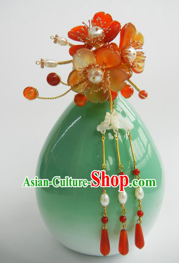 China Ancient Princess Tassel Hairpin Traditional Hanfu Hair Accessories Ming Dynasty Red Plum Blossom Hair Claw