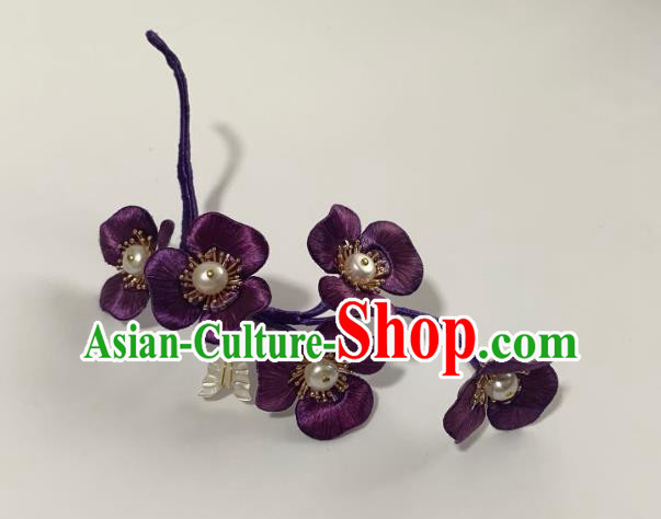 China Handmade Purple Silk Phalaenopsis Hairpin Traditional Hanfu Hair Accessories Ancient Song Dynasty Pearls Shell Butterfly Hair Stick